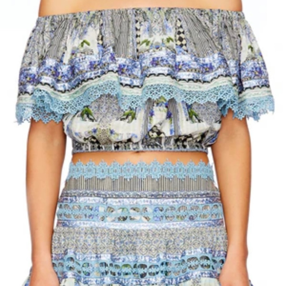 Camilla Blue Multi Off-Shoulder Crochet Trim Crop Top - Picture 2 of 10